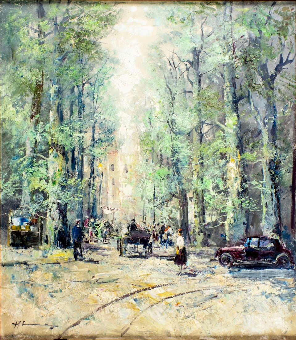 Vintage 20C German oil painting signed: ARTIST: - (Germany, 20 century) TITLE: Park Cityscape MEDIUM: oil on canvas CONDITION: Minor paint losses. Minor craquelure. No visible inpaint under UV light. Wear to fra