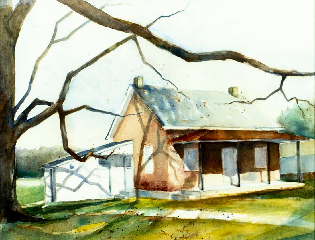 Vintage 20C American watercolor painting: ARTIST: - (American, 20 century) TITLE: Landscape with House MEDIUM: watercolor on paper CONDITION: Overall good. Framed under glass. Wear to frame. ART SIZE:<