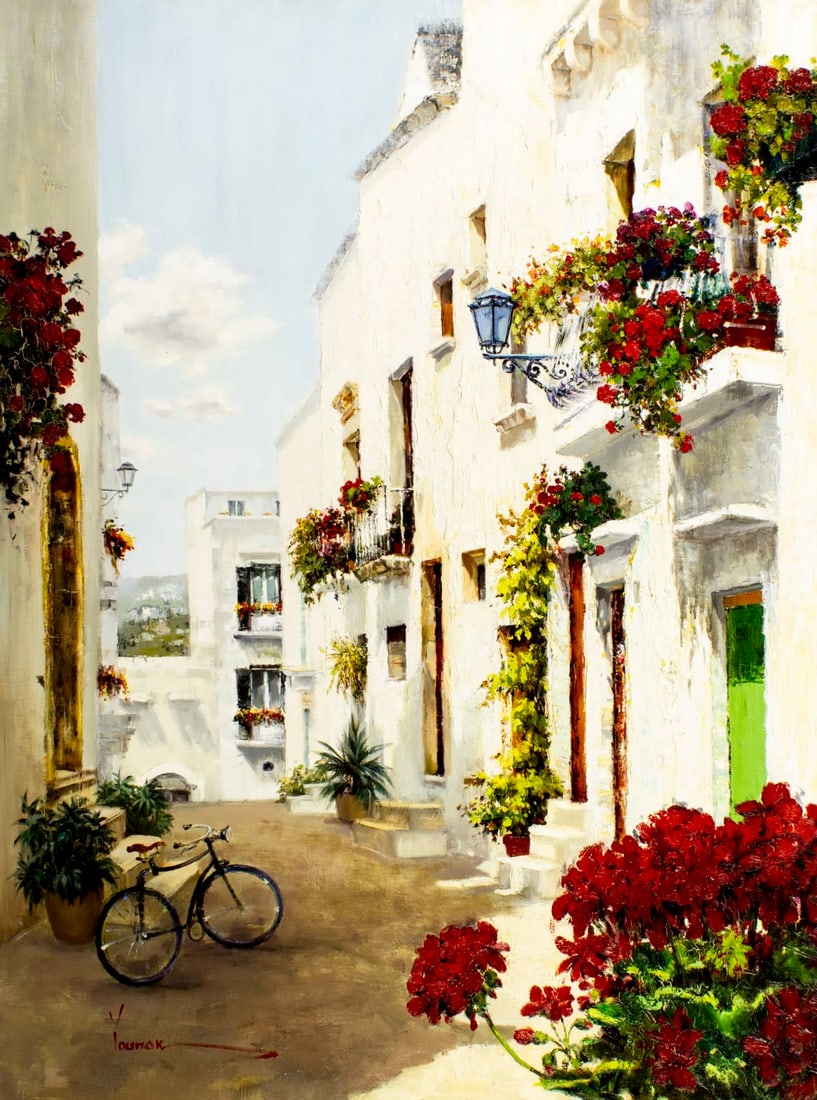 Younok Kim (FL,South Korea,b 1973) oil painting: ARTIST: Younok Kim (Florida, South Korean, born 1973) TITLE: Cityscape, Locoratondo, Italy MEDIUM: oil on canvas CONDITION: Missing a few flakes of paint. Some craquelure. N