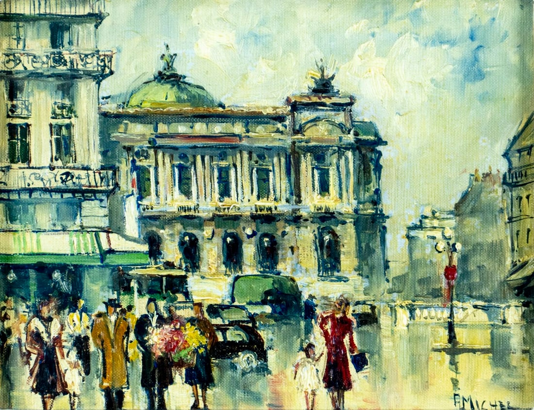 Andre Michel (France,Canada,1945-?) oil painting: ARTIST: Andre Michel (French, Canadian, 1945 - ???) TITLE: Paris Cityscape, France MEDIUM: oil on canvas CONDITION: Overall good. No visible inpaint under UV light. Wear t