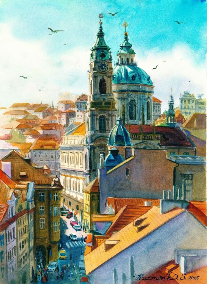 Sofia Kuzmenko (Ukraine,20/21C) watercolor painting: ARTIST: Sofia Kuzmenko (Ukrainian, 20/21 centuries) TITLE: Cityscape - St Nicholas Church, Prague, Czech Republic MEDIUM: watercolor on heavy paper CONDITION: Very good.