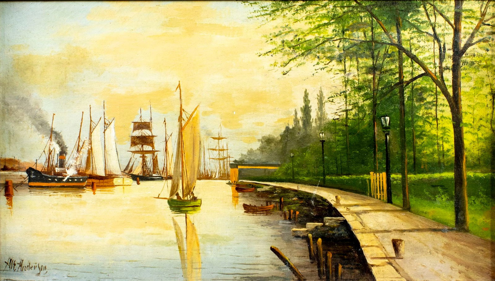 A Anderson (Europe,early 20C) oil painting antique: ARTIST: A Anderson (European, early 20 century) TITLE: Harbor Scene MEDIUM: oil on canvas CONDITION: Relined. Few minor scratches/paint losses. Some craquelure. Some scatter
