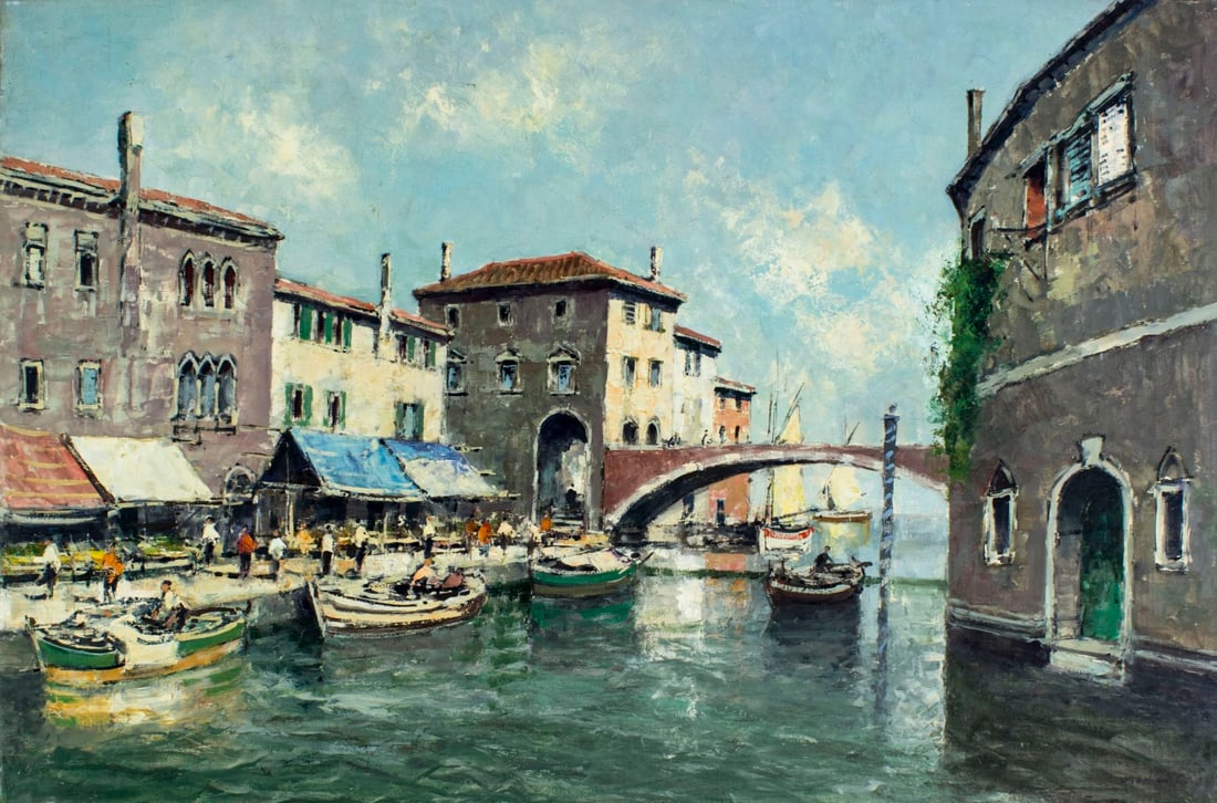 Otto Hellmeier (German,1908-1996) oil painting: ARTIST: Otto Hellmeier (Germany, 1908 - 1996) NAME: Cityscape - Boats in Venice MEDIUM: oil on canvas CONDITION: Very good. Restretched. No visible inpaint under UV light. SIGHT SIZE: 24