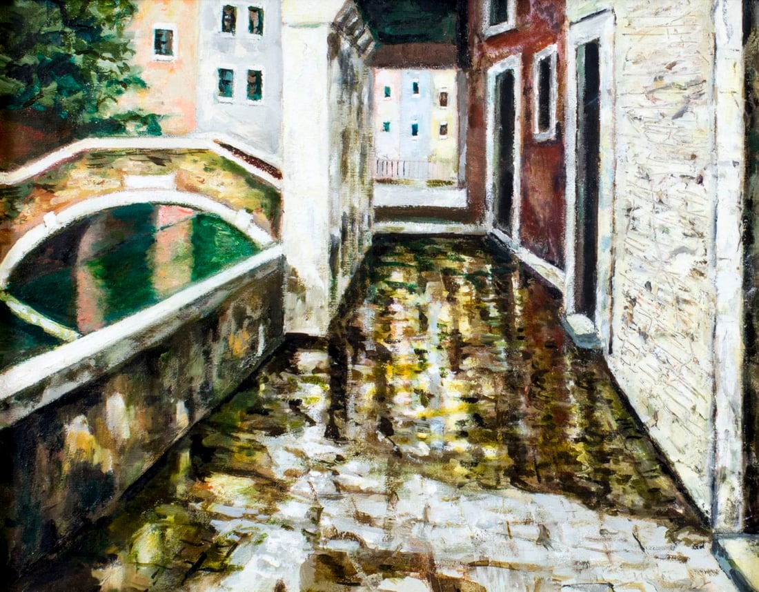 Sandro Diani (Italy,1937-2017) oil painting: ARTIST: Sandro Diani (Italian, 1937 - 2017) NAME: Cityscape - Venetian Memory #12 (titled on verso) YEAR: 2002 MEDIUM: oil on canvas CONDITION: Very good. No visible inpa