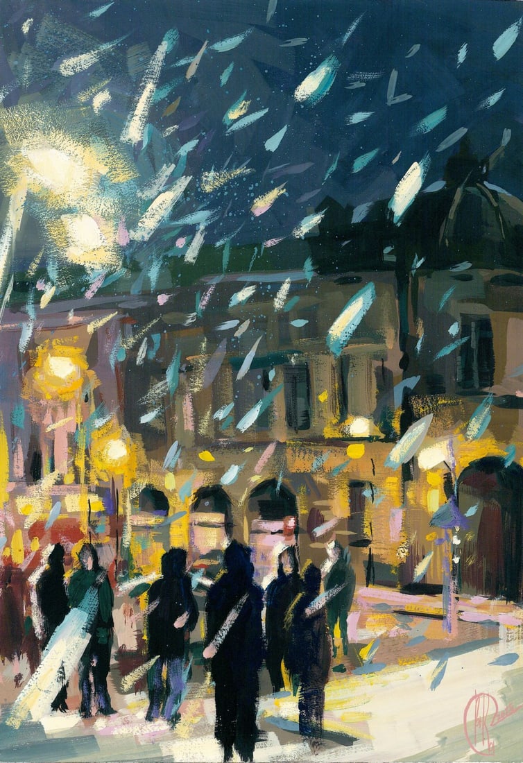 Ivanna Kotulych (Ukraine,20/21C) acrylic painting: ARTIST: Ivanna Kotulych (Ukrainian, 20/21 centuries) TITLE: Winter Cityscape MEDIUM: acrylic on heavy paper CONDITION: Very good. ART SIZE: 12 x 8 inches