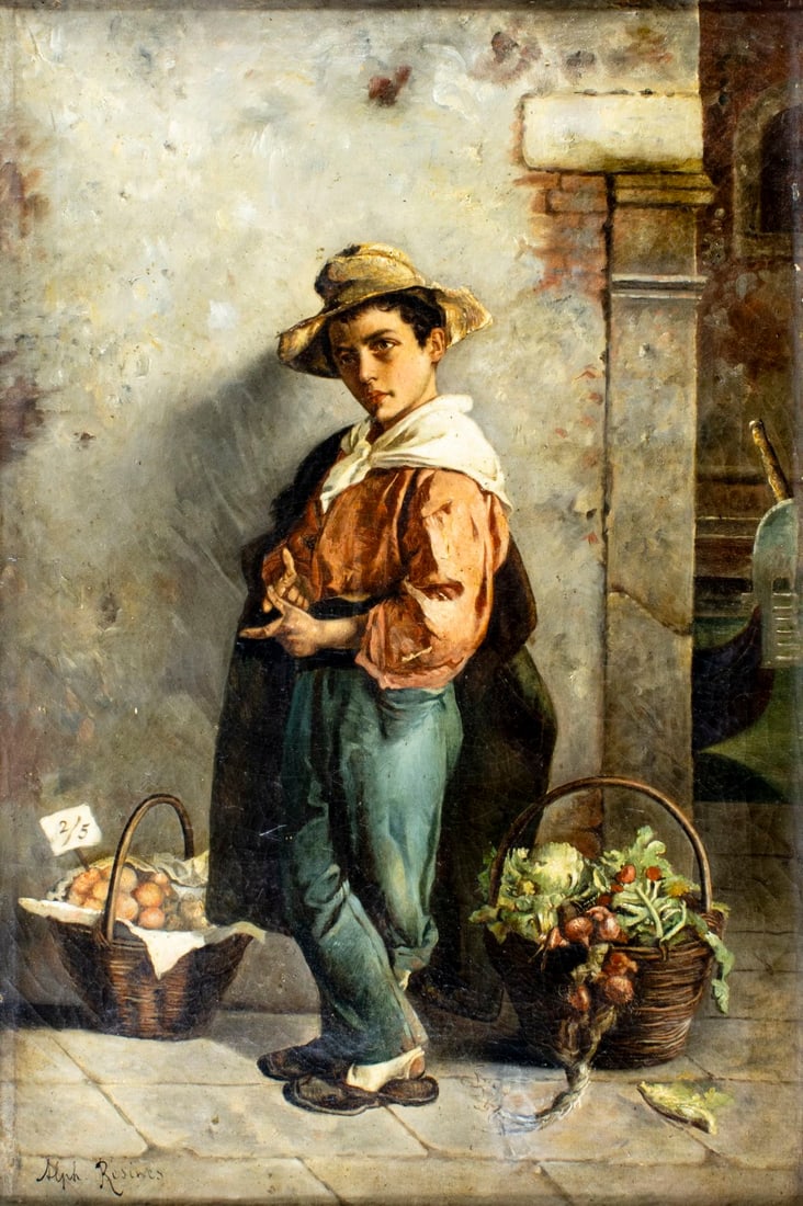 Alph Resines (Europe,19C) oil painting antique: ARTIST: Alph Resines (European, 19 century) TITLE: Boy Selling Vegetables MEDIUM: oil on canvas CONDITION: Two patches. One repaired tear. Some small paint losses. Some craq