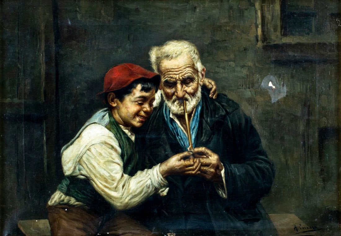 A Corsaro (Italy,19C) oil painting antique: ARTIST: A Corsaro (Italian, 19 century) TITLE: Boy and Old Man Lighting a Pipe MEDIUM: oil on canvas CONDITION: One small patch. One puncture by the lower edge. Some paint l