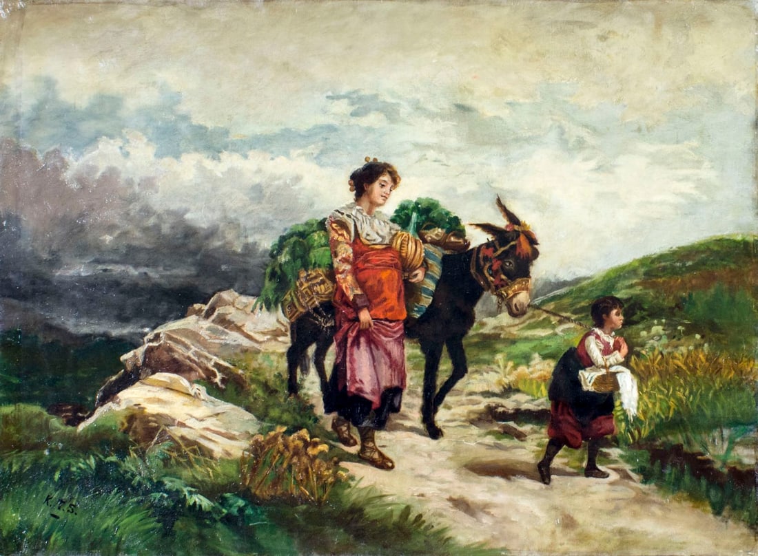 Antique 19C American oil painting: ARTIST: - (American, 19 century) NAME: Mother and Daughter with Donkey YEAR: circa 1900 MEDIUM: oil on canvas CONDITION: Few minor paint losses. Few scratches. Minor craq