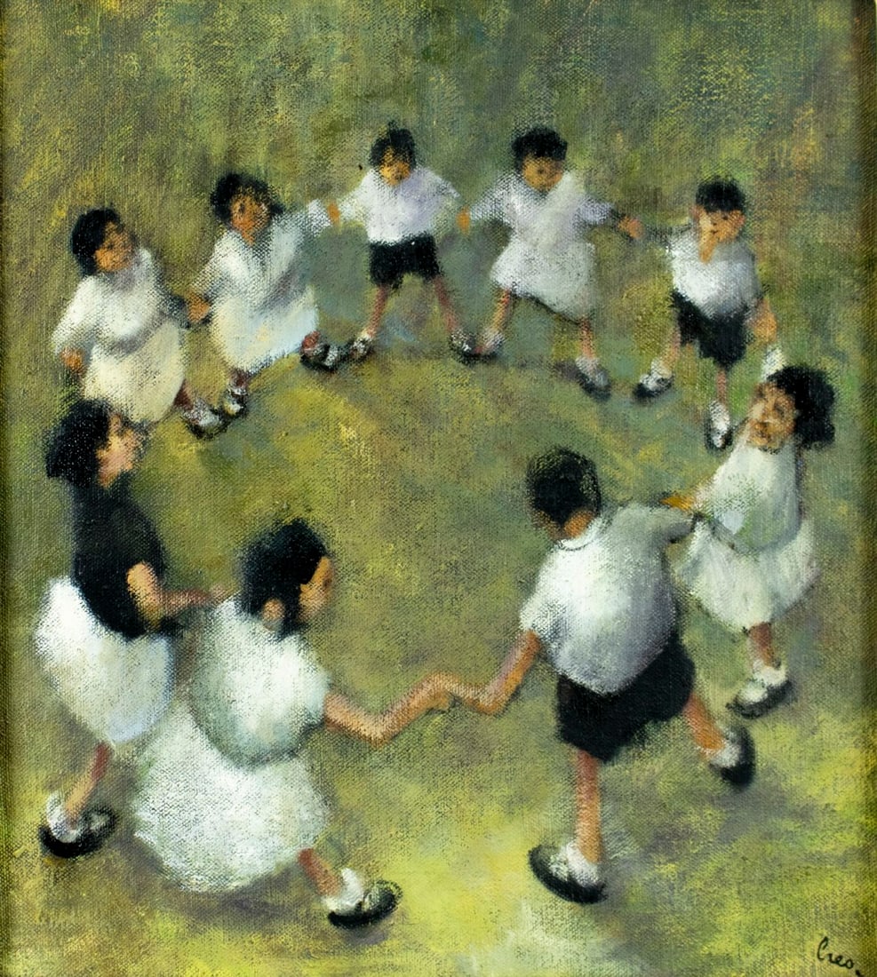 Leonard Creo (NY,1923-2019) oil painting: ARTIST: Leonard E Creo (New York, 1923 - 2019) TITLE: Children in Circle MEDIUM: oil on canvas CONDITION: Overall good. No visible inpaint under UV light. Wear to frame.