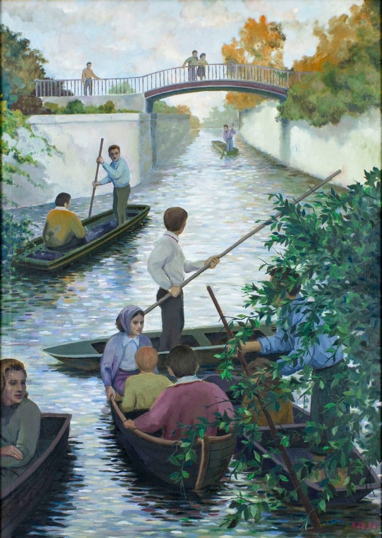Schleh (US,mid 20C) oil painting: ARTIST: Schleh (American, mid 20 century) TITLE: Boats Riding in Georgetown Canal, Washington DC MEDIUM: oil on canvas CONDITION: One patch-repaired tear (1" long). Some fla