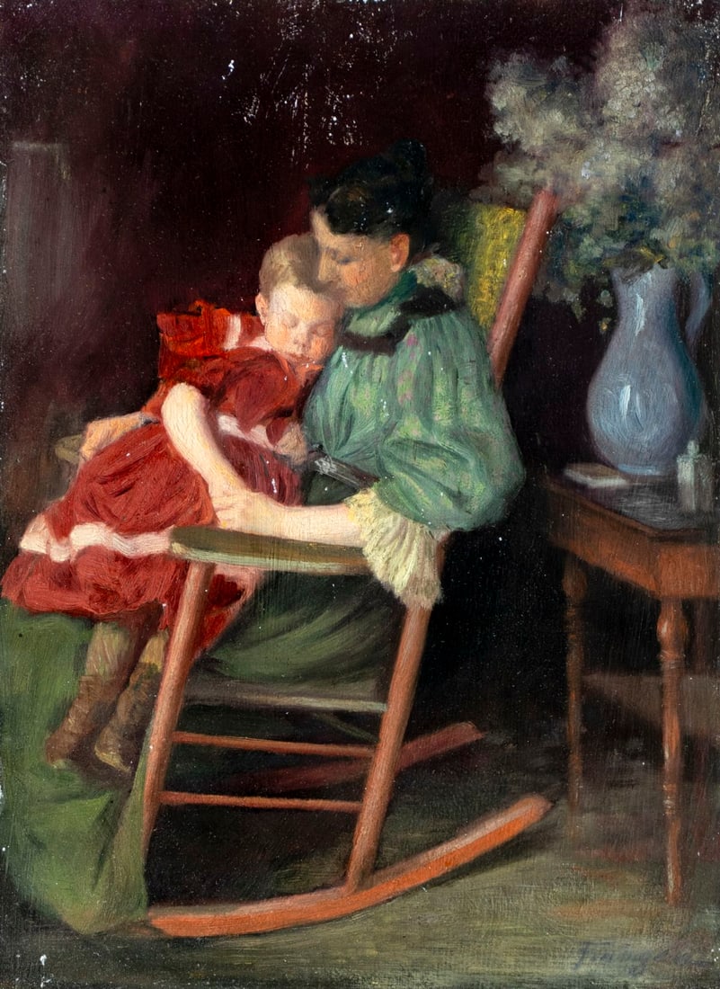 August Reinhold Franzen (NY,ME,Sweden,1863-1938) oil painting antique: ARTIST: August Reinhold Franzen (New York, Maine, Swedish, 1863 - 1938) TITLE: Mother and Daughter MEDIUM: oil on board CONDITION: Some small paint losses. Minor craquelur