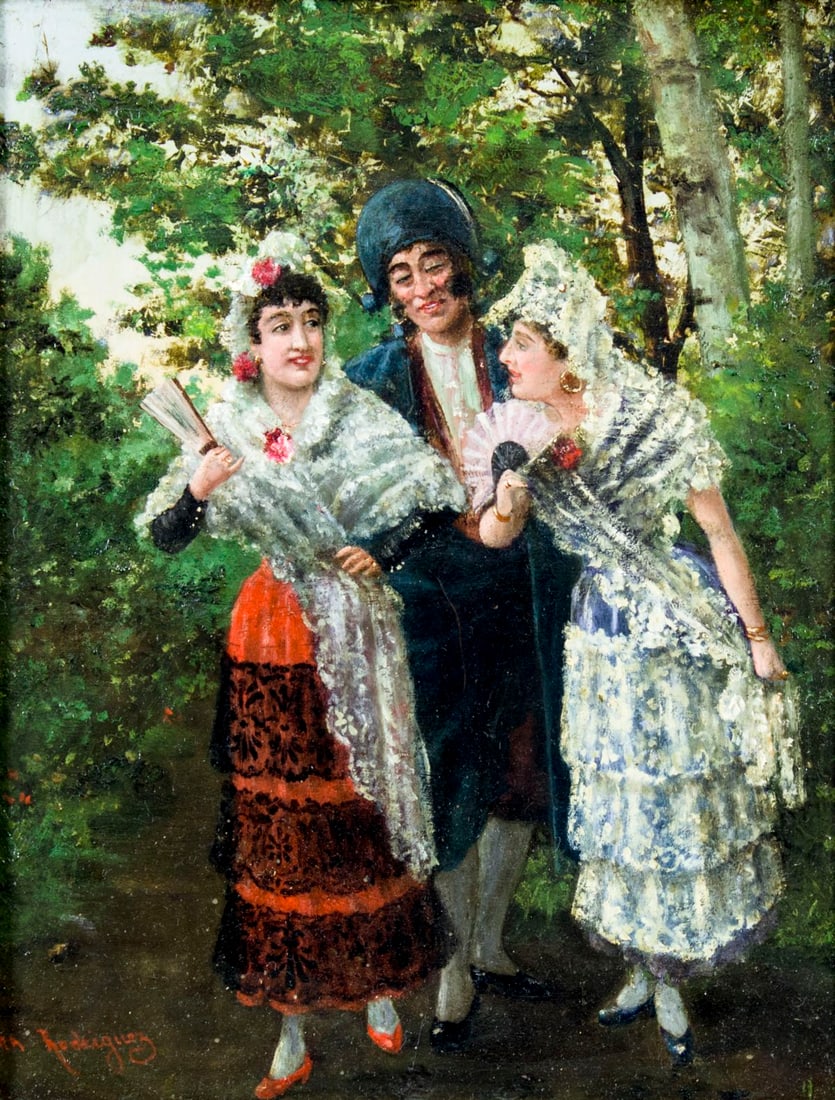 Rodriguez (Spain,19C) oil painting antique: ARTIST: Rodriguez (Spanish, 19 century) TITLE: Trio Walking MEDIUM: oil on board CONDITION: One scratch 2" long. Minor craquelure. No visible inpaint under UV light. Minor d