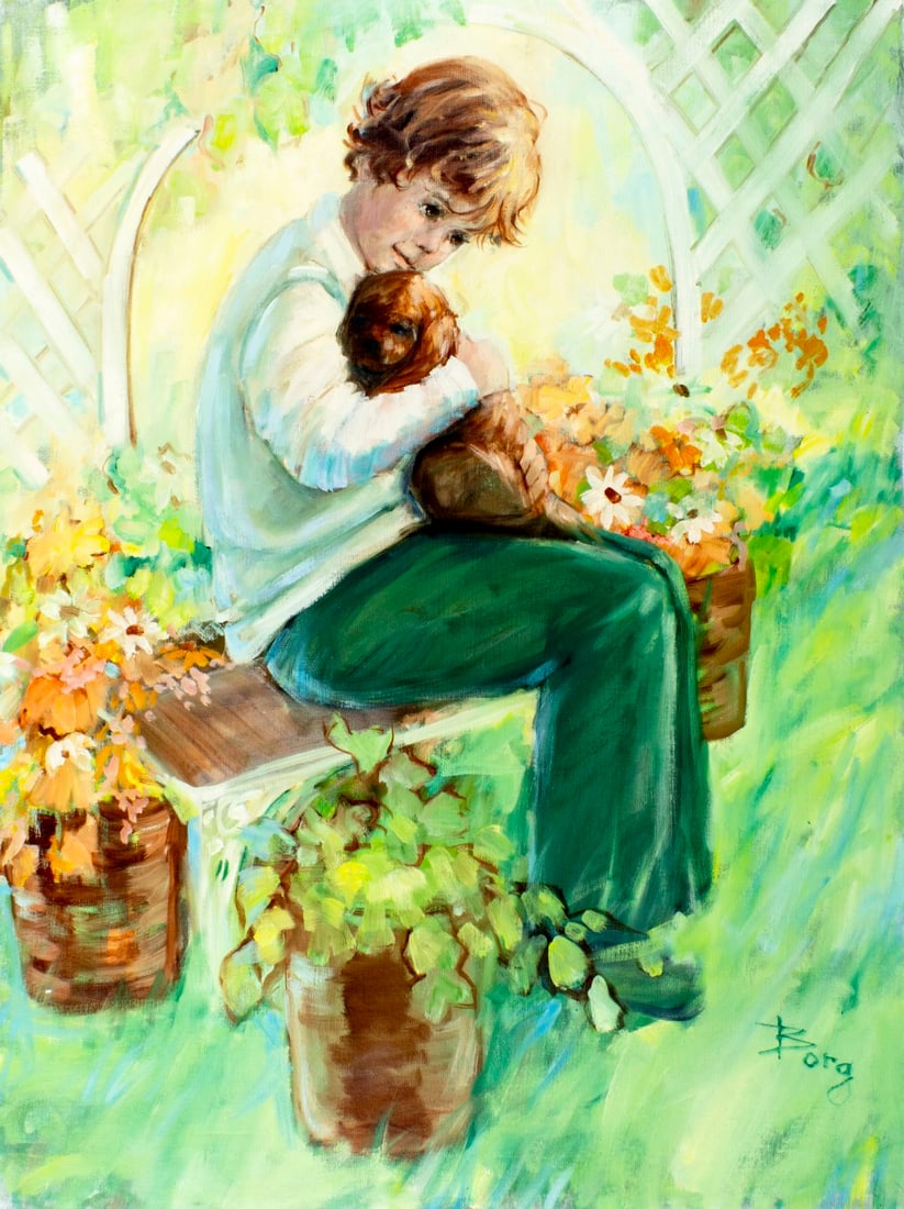 Irene Borg (CA,b 1950) oil painting: ARTIST: Irene Borg (California, born 1950) TITLE: Boy with Dog MEDIUM: oil on canvas CONDITION: Unstretched (In-House stretching available). Missing a few flakes of paint. N