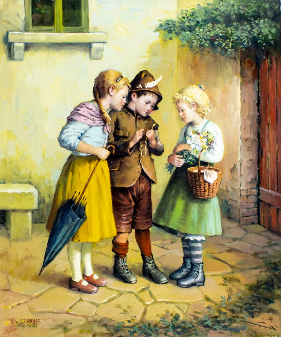 L V Strauss (German,20C) oil painting: ARTIST: L V Strauss (Germany, 20 century) TITLE: Children with Clock MEDIUM: oil on canvas CONDITION: Unstretched (In-House stretching available). Minor paint losses. Some c