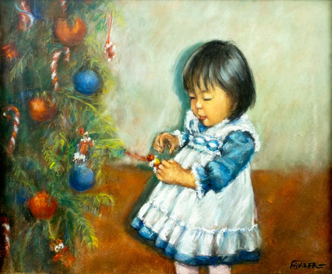Florence Fauser (NY,mid 20C) pastel painting: ARTIST: Florence Fauser (New York, mid 20 century) TITLE: Girl In Christmas MEDIUM: pastel on paper CONDITION: Minor age toning. Framed under glass. Wear to frame.