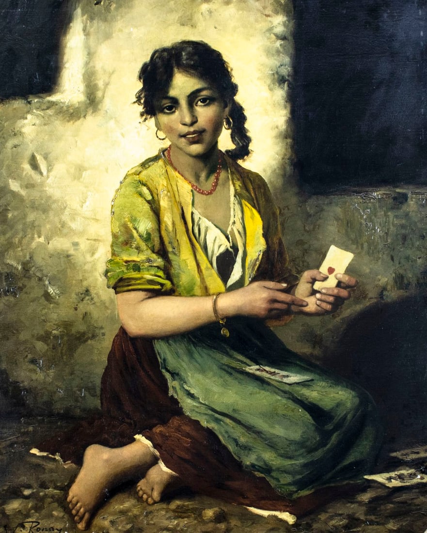 J L Ronay (France,19C) oil painting antique: ARTIST: J L Ronay (French, 19 century) TITLE: Hungarian Gypsy Girl (titled on label) MEDIUM: oil on canvas. Canvas applied to board. CONDITION: Some paint losses mostly by