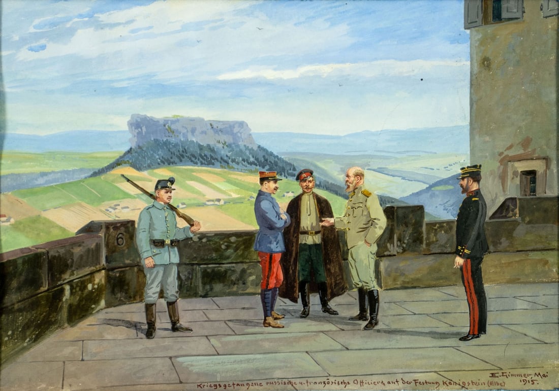 E Gimmer (German,early 20C) gouache painting antique: ARTIST: E Gimmer (Germany, early 20 century) TITLE: Russian and French Soldiers in Fortress YEAR: 1915 MEDIUM: watercolor and gouache on paper CONDITION: