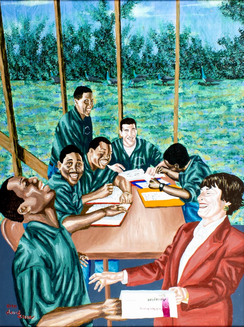 David Schor (US,20C) oil painting: ARTIST: David Schor (American, 20 century) TITLE: The Path of Success YEAR: 1990 MEDIUM: oil on board CONDITION: Some scratches/paint losses mostly by th