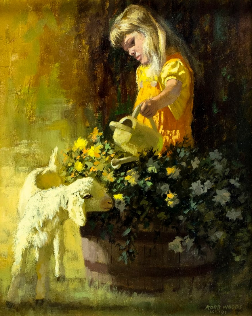 Robb Woods (US,20C) oil painting: ARTIST: Robb Woods (American, 20 century) TITLE: Water for the Flowers (titled on verso) YEAR: 1991 MEDIUM: oil on canvas. Canvas applied to board. CONDITION: