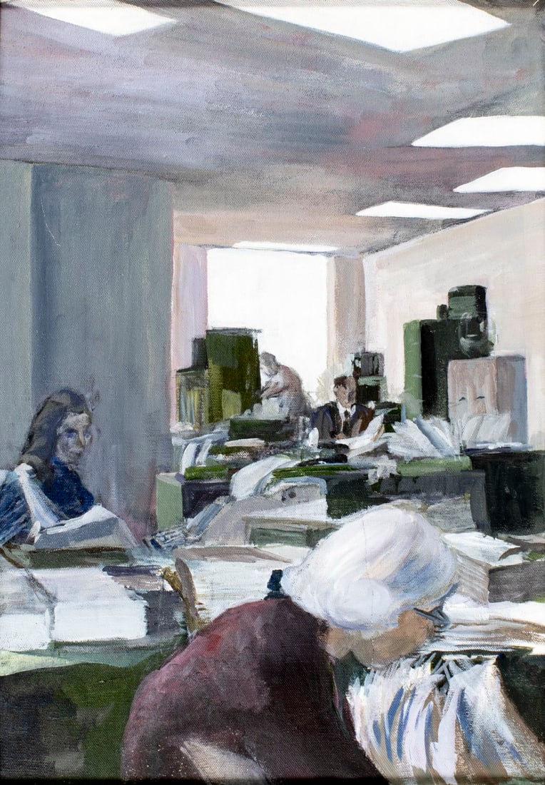 Vintage 20C American oil painting: ARTIST: - (American, 20 century) TITLE: Office Scene MEDIUM: oil on canvas. Canvas applied to board. CONDITION: Few small scratches/paint losses. No visible inpaint under