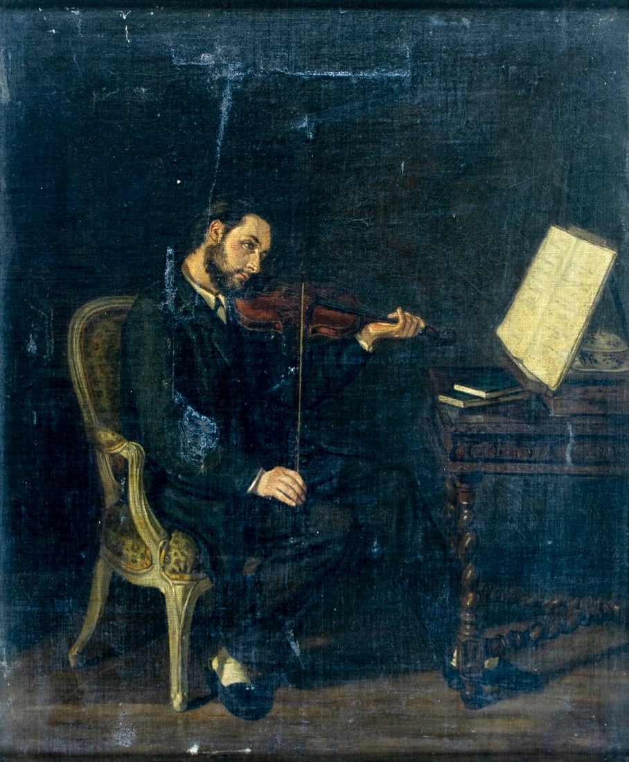 Antique mid 19C French oil painting signed: ARTIST: - (French, mid 19 century) TITLE: Violin Player MEDIUM: oil on canvas CONDITION: Two repaired tears. Some scratches/paint losses. Some scattered inpaintings. Some