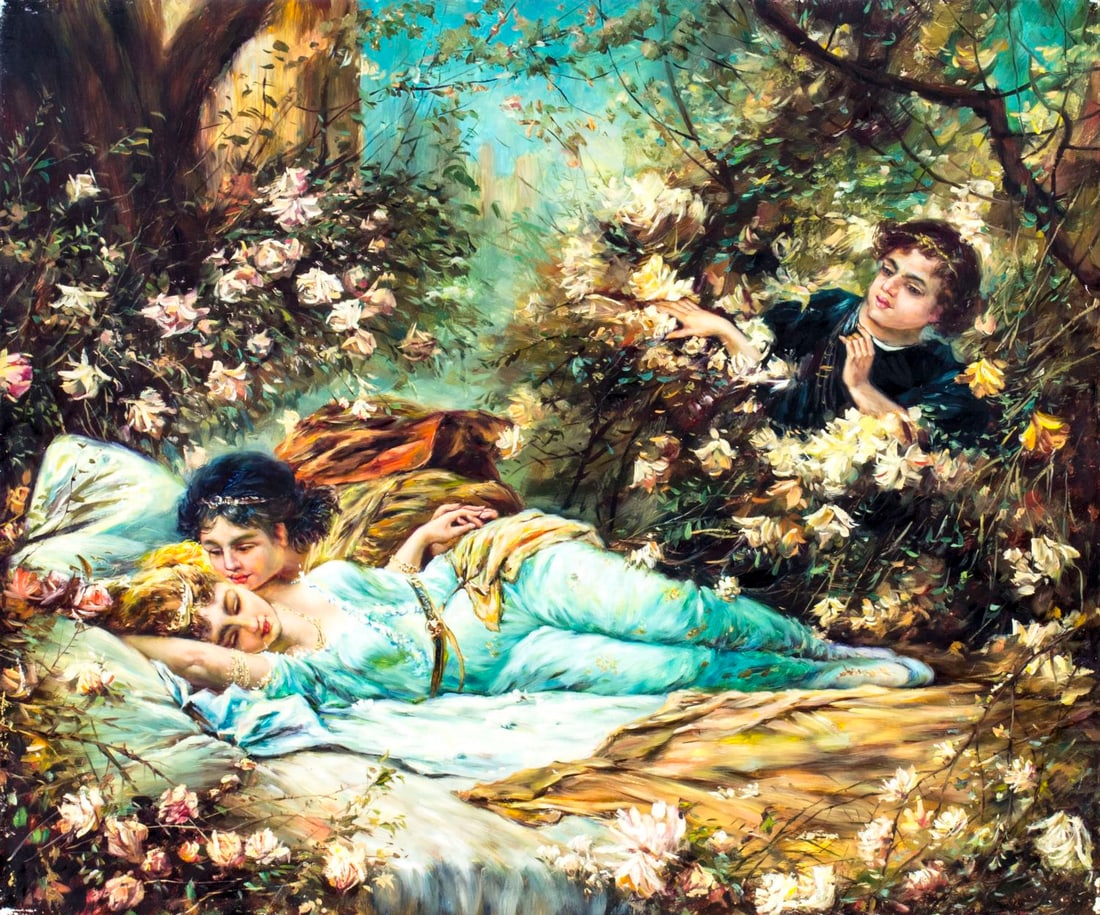 Vintage 20C American oil painting: ARTIST: - (American, mid 20 century) NAME: Garden Scene MEDIUM: oil on board CONDITION: Normal wear along edges. No visible inpaint under UV light. SIGHT SIZE: 20 x 24 inches / 50 x 60 cm