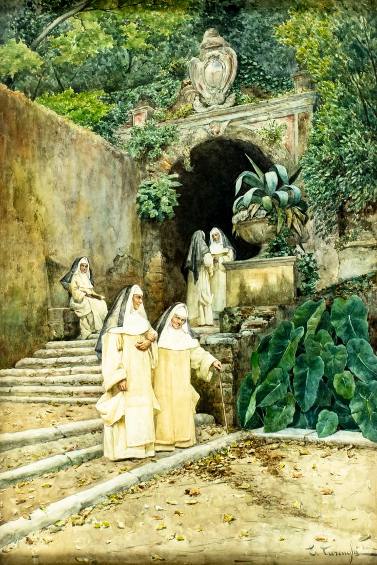 Enrico Tarenghi (Italy,1848-1938) watercolor painting antique: ARTIST: Enrico Tarenghi (Italian, 1848 - 1938) TITLE: Nuns in the Garden MEDIUM: watercolor on paper CONDITION: Minor age toning. Framed under glass. Wear to frame.