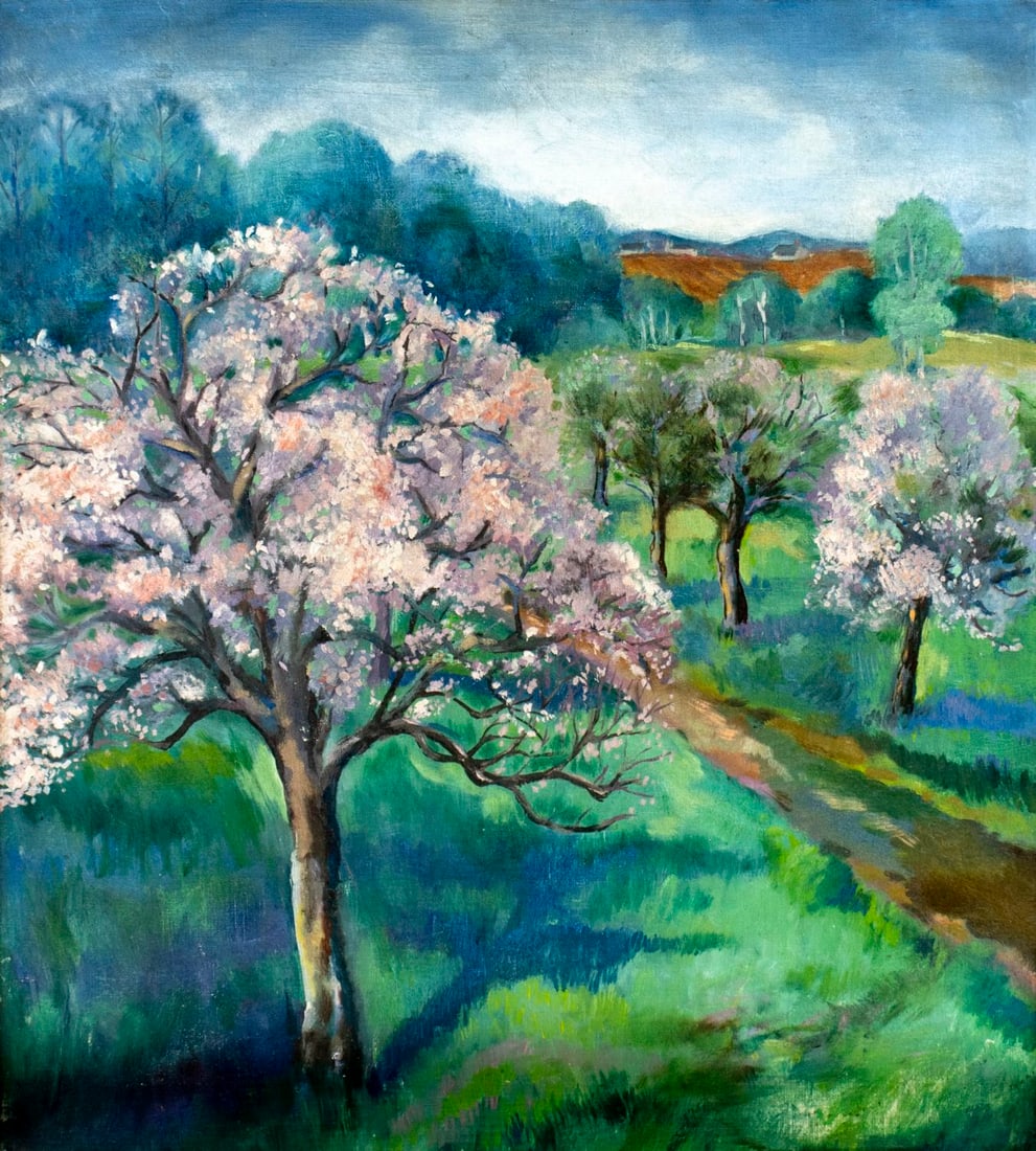 Antique early 20C American oil painting: ARTIST: - (American, early 20 century) TITLE: Countryside Landscape with Blooming Trees MEDIUM: oil on canvas CONDITION: Few minor scratches/paint losses mostly in the low