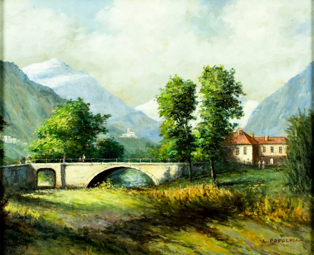 Luca Papaluca The Elder (Italy,1890-1934) oil painting antique: ARTIST: Luca Papaluca The Elder (Italian, 1890 - 1934) TITLE: Bridge Landscape MEDIUM: oil on canvas. Canvas applied to board. CONDITION: Few minor paint losses. No visibl