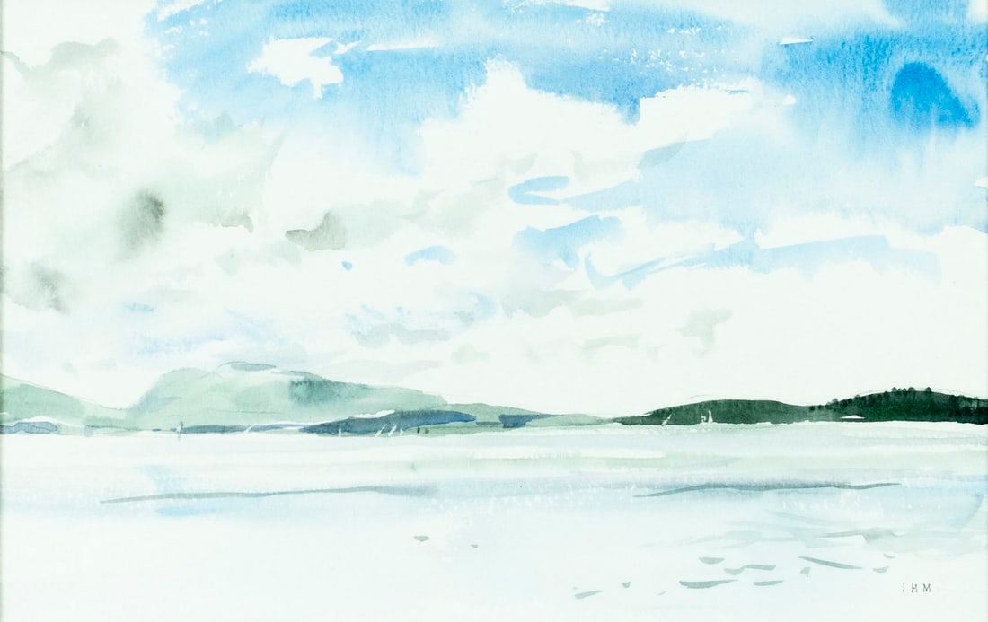 Ian Marshall (Scotland,1933-2016) watercolor painting: ARTIST: Ian Marshall (Scottish, 1933 - 2016) TITLE: Coastal Landscape MEDIUM: watercolor on paper CONDITION: Very good. Framed under glass. Wear to frame. ART S