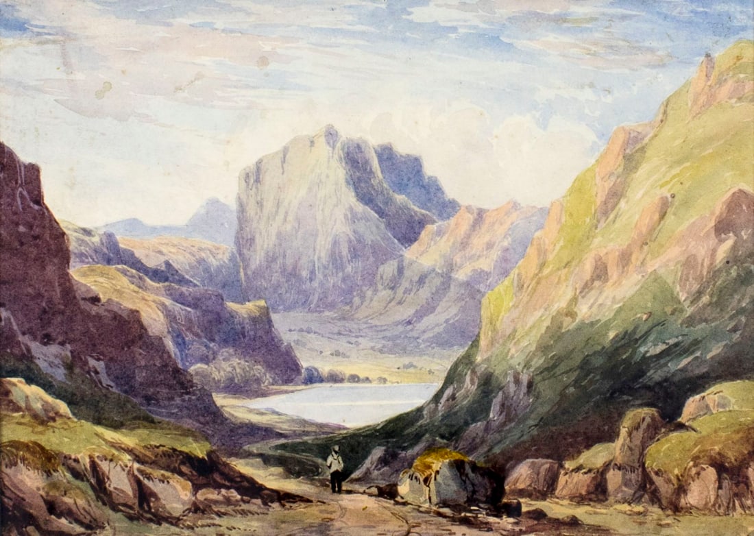 Antique 19C European watercolor painting: ARTIST: - (Europe, 19 century) NAME: Mountain Lake Landscape MEDIUM: watercolor on paper CONDITION: Some age toning. Minor faint foxing. Framed under glass. SIGHT SIZE: 7 x 10 inches / 17