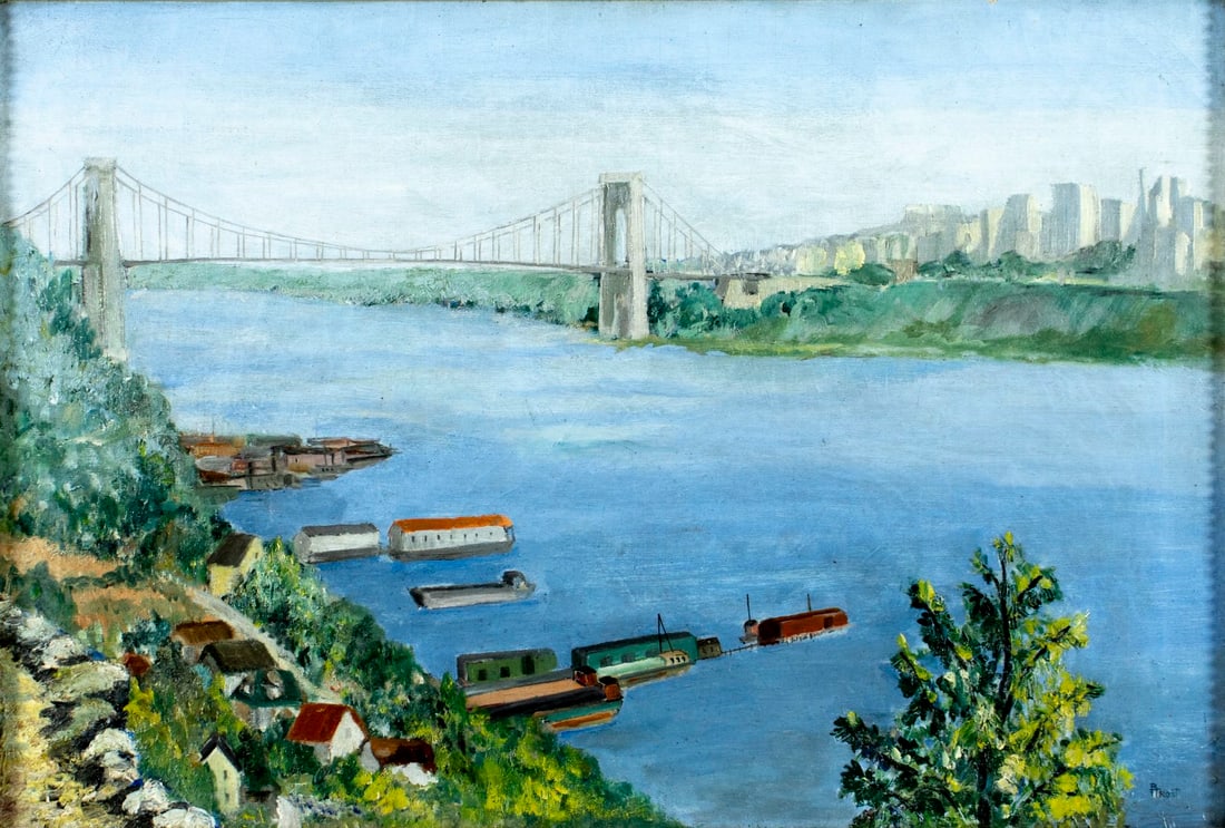 B Trost (NY,early 20C) oil painting antique: ARTIST: B Trost (New York, early 20 century) TITLE: George Washington Bridge Landscape, NY MEDIUM: oil on canvas CONDITION: One repaited puncture. Minor paint losses. Some c