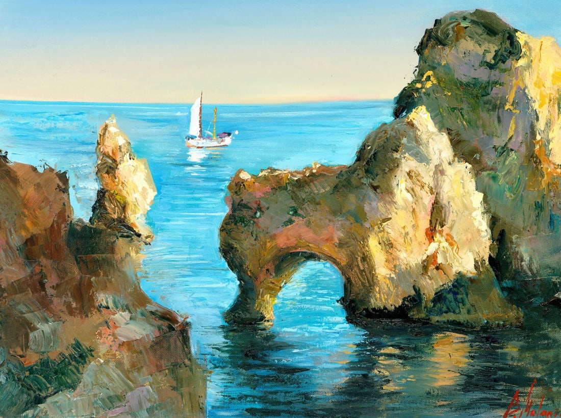 Melania Balanyuk (Ukraine,20/21C) oil painting: ARTIST: Melania Balanyuk (Ukrainian, 20/21 centuries) TITLE: Coastal Seascape with Sailboat MEDIUM: oil on heavy paper CONDITION: Very good. No visible inpaint under UV ligh