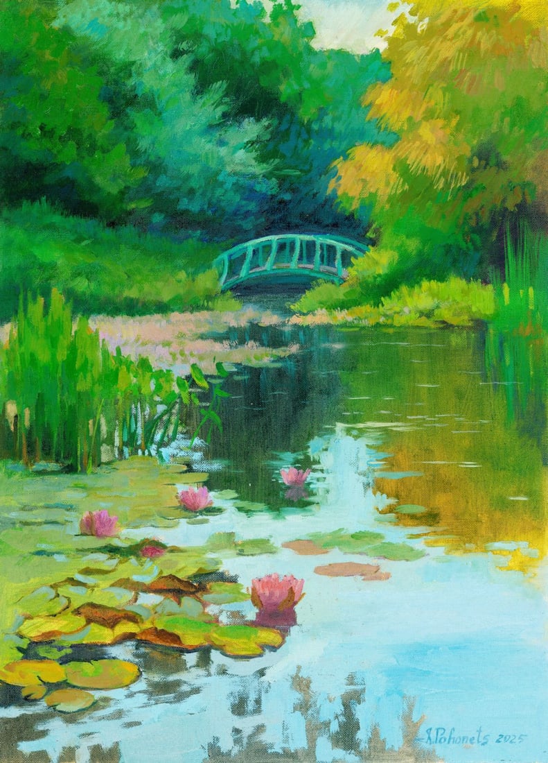 Ivana Pohonets (Ukraine,20/21C) oil painting: ARTIST: Ivana Pohonets (Ukrainian, 20/21 centuries) TITLE: River Landscape with Bridge MEDIUM: oil on heavy paper CONDITION: Minor damage to the upper right corner. No visib