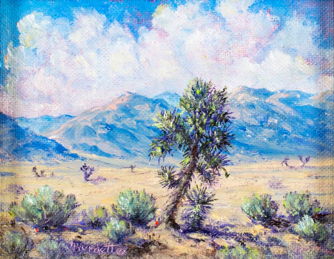 Jess Burdette (CA,20C) oil painting: ARTIST: Jess Burdette (California, 20 century) NAME: Landscape - Our Desert (titled on verso) YEAR: 1991 MEDIUM: oil on canvas board CONDITION: Very good. No visible inpa