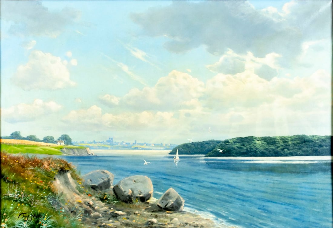 Tage Moller (Denmark,20C) oil painting: ARTIST: Tage Moller (Danish, 20 century) TITLE: River Landscape with Sailboat MEDIUM: oil on canvas CONDITION: Few minor paint losses mostly by the right edge. No visible in