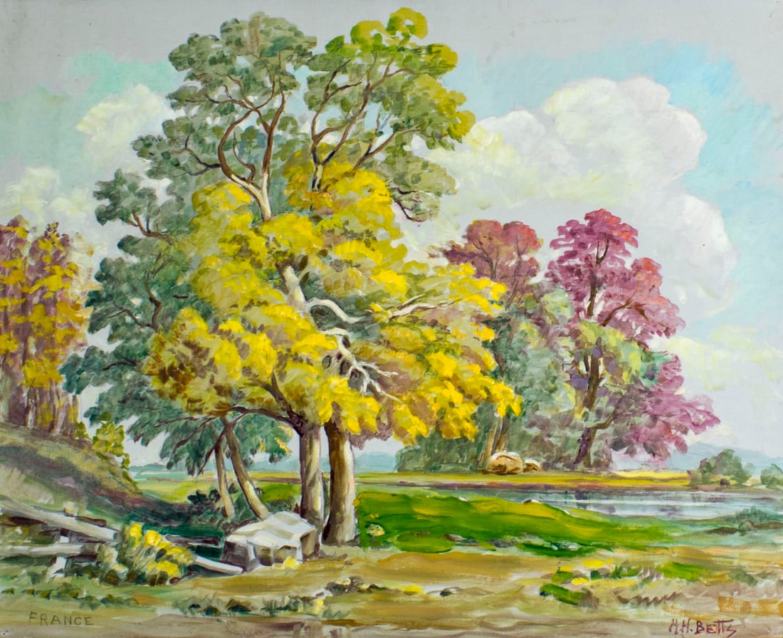 Harold Harrington Betts (IL,MI,1881-1951) oil painting: ARTIST: Harold Harrington Betts (Illinois, Michigan, 1881 - 1951) NAME: Autumn Landscape MEDIUM: oil on canvas board CONDITION: Very good. No visible inpaint under UV light. SIGHT SIZE: 2