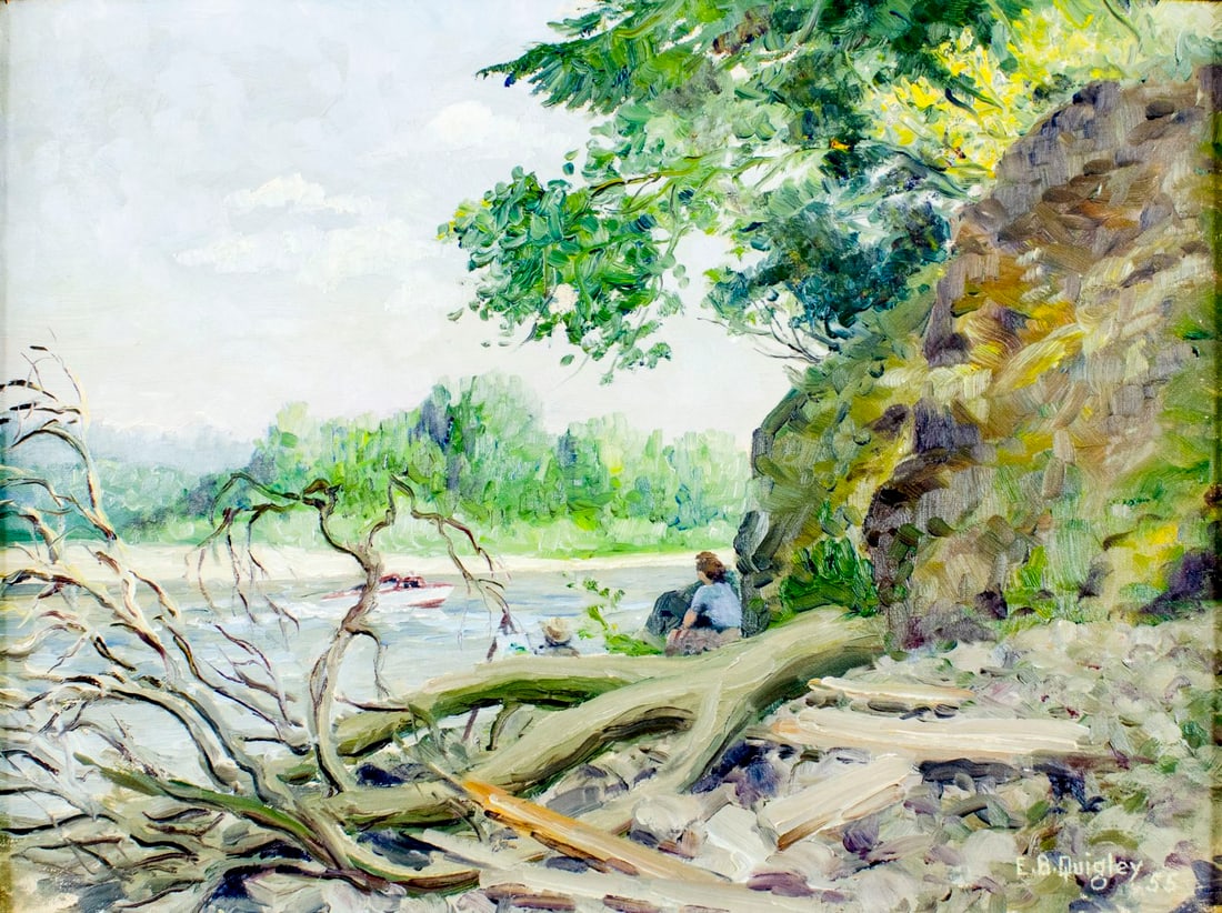 Edward Burns Quigley (OR,ND,1895-1984) oil painting: ARTIST: Edward Burns Quigley (Oregon, North Dakota, 1895 - 1984) TITLE: River Landscape YEAR: 1955 MEDIUM: oil on canvas board CONDITION: Very good. No