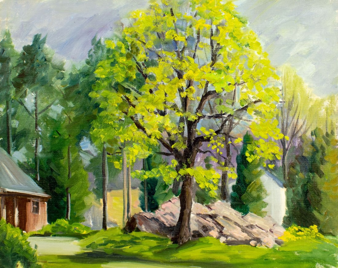 George Holloway (NJ,20C) oil painting: ARTIST: George Holloway (New Jersey, 20 century) TITLE: Village Landscape MEDIUM: oil on canvas board CONDITION: Few minor scratches/paint losses. No visible inpaint under U