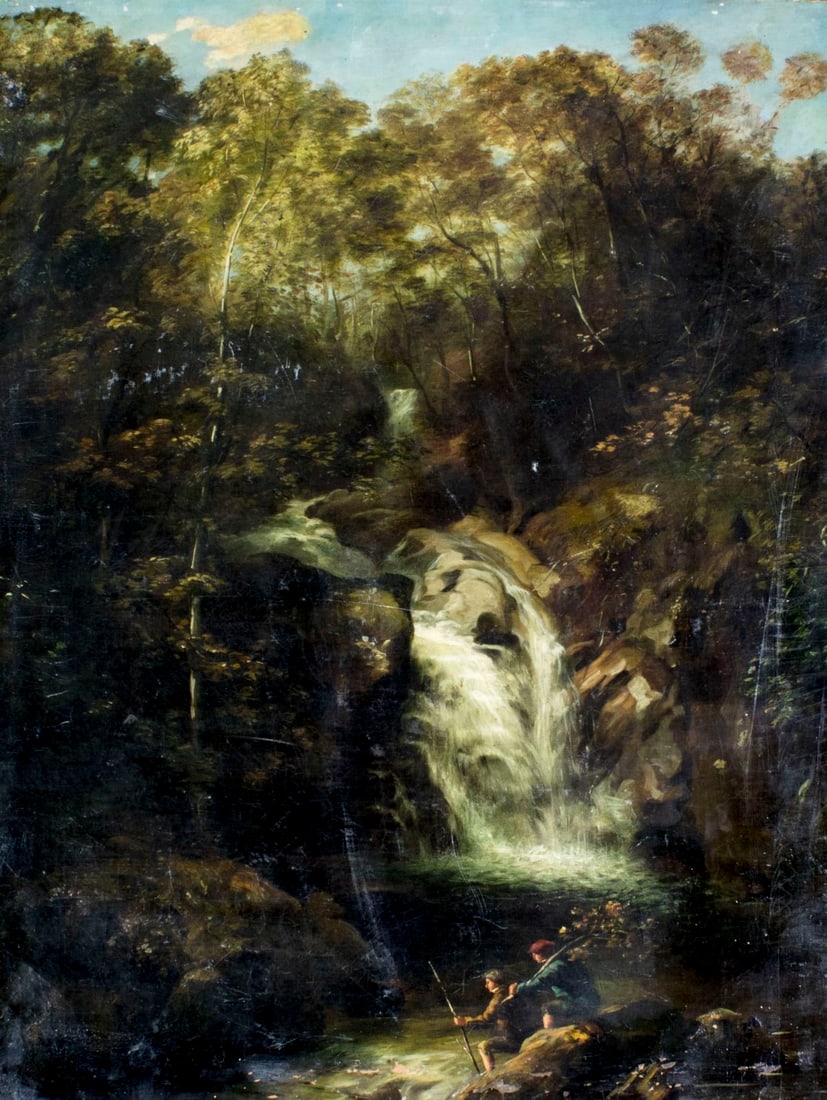 Isaac F Bird (UK,1803-1884) oil painting antique: ARTIST: Isaac Faulkner Bird (British, 1803 - 1884) NAME: Landscape - Rhydal Waterfall MEDIUM: oil on canvas CONDITION: One patch. Some scratches. Some craquelure. Some paint losses and inpai
