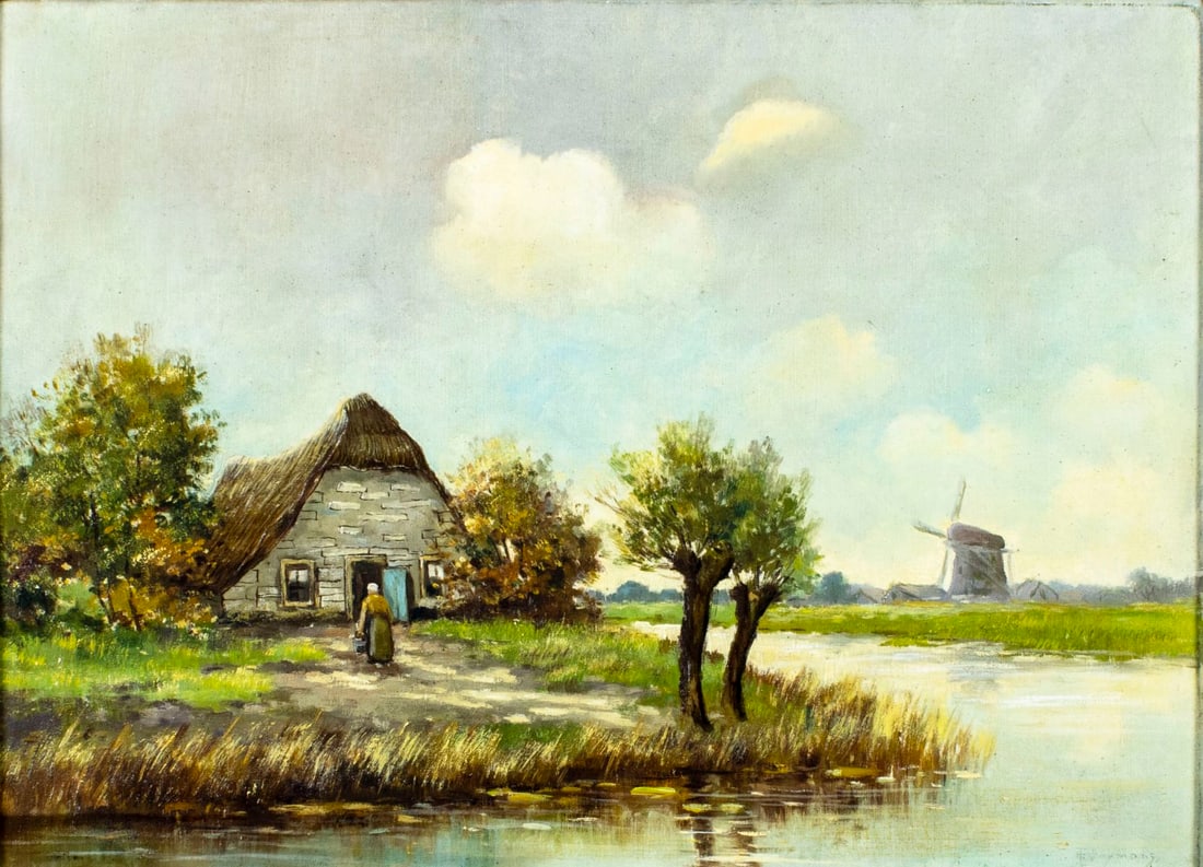Vintage mid 20C European oil painting signed: ARTIST: - (Europe, mid 20 century) TITLE: Country Landscape with Windmill MEDIUM: oil on canvas CONDITION: One patch-repaired puncture with corresponding inpainting by the