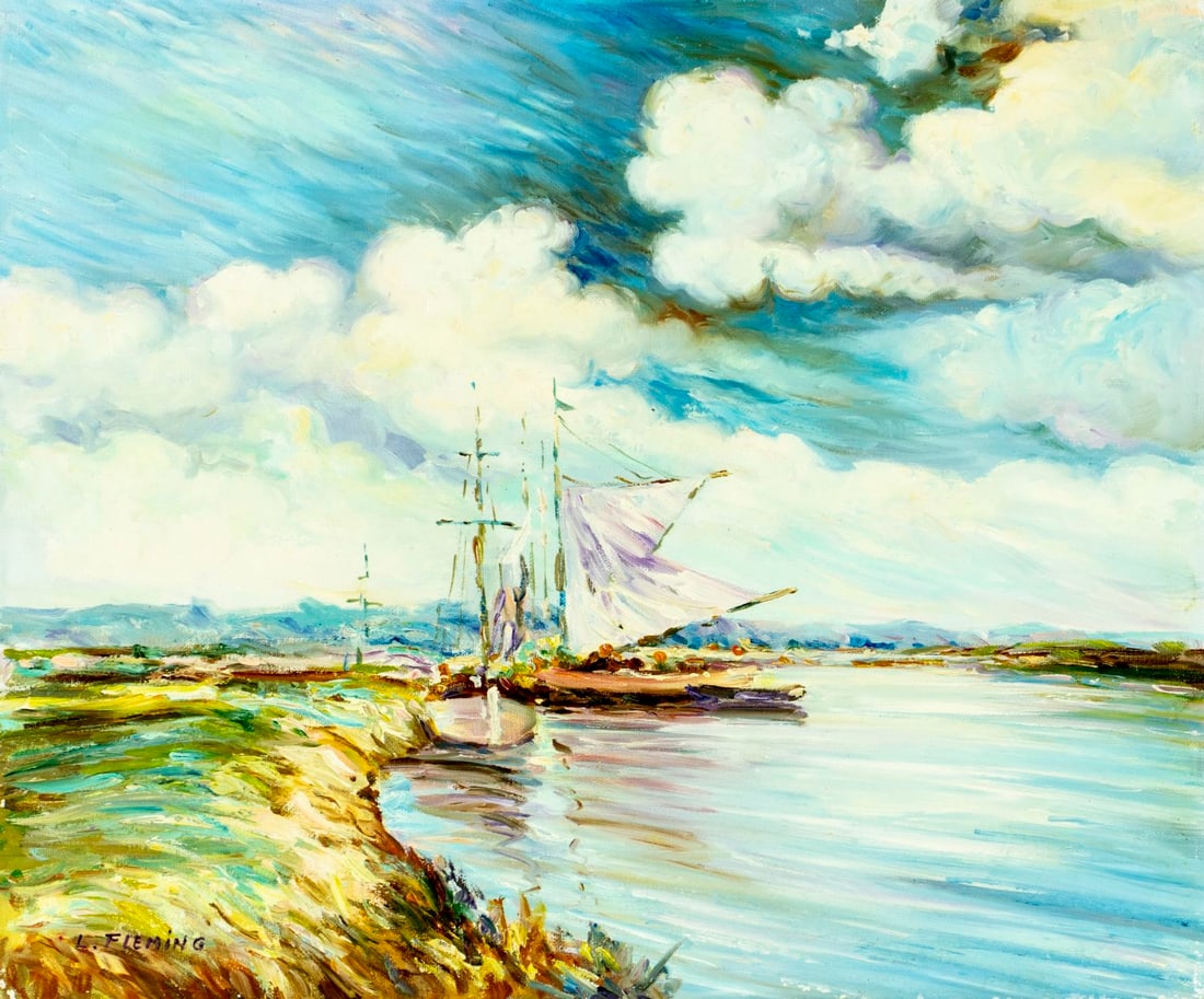 L Fleming (Europe,20C) oil painting: ARTIST: L Fleming (European, 20 century) TITLE: Coastal Landscape with Sailboats MEDIUM: oil on canvas CONDITION: Very good. No visible inpaint under UV light. Normal wear a