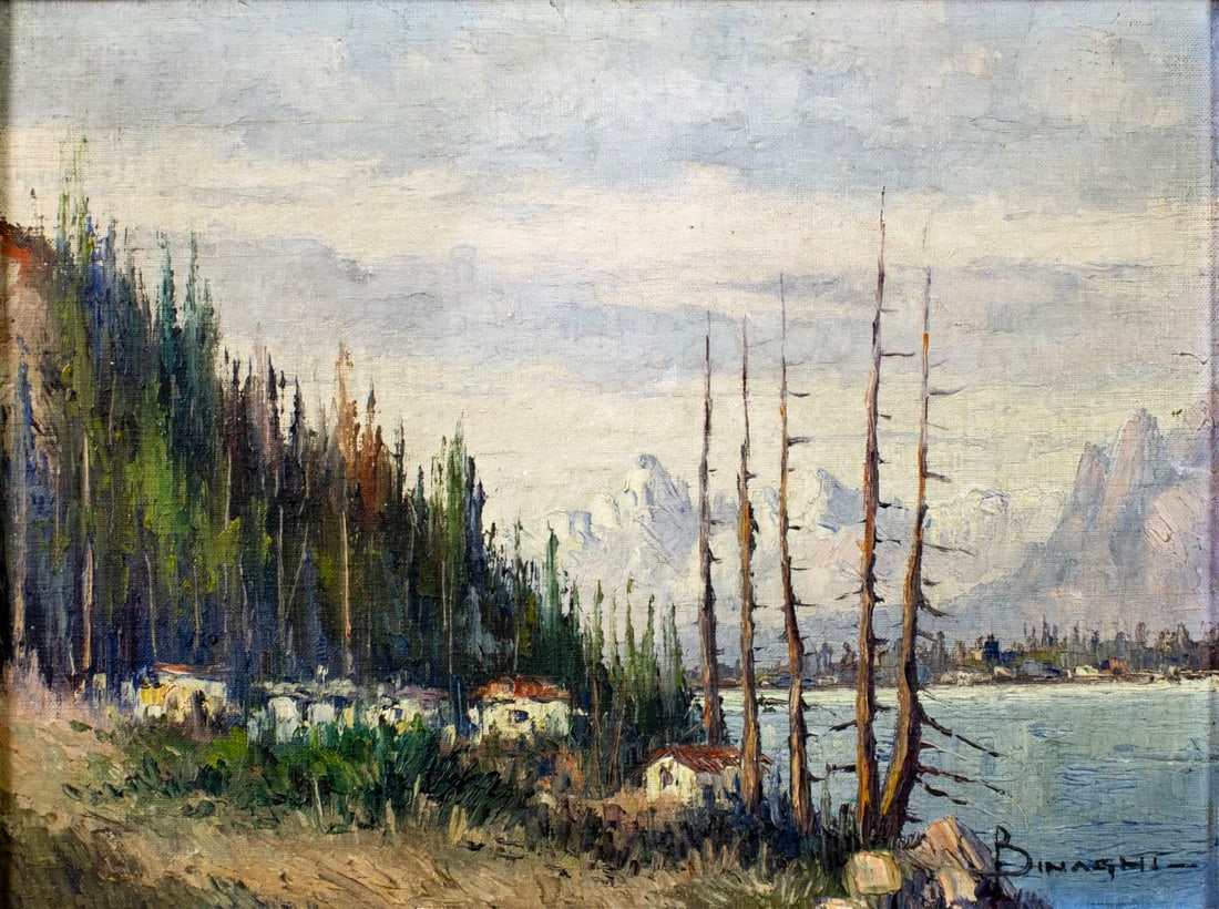 Luigi Binaghi (Italy,1890-1978) oil painting: ARTIST: Luigi Binaghi (Italian, 1890 - 1978) TITLE: Mountain Village Landscape MEDIUM: oil on canvas board CONDITION: Minor scratches/paint losses. No visible inpaint unde