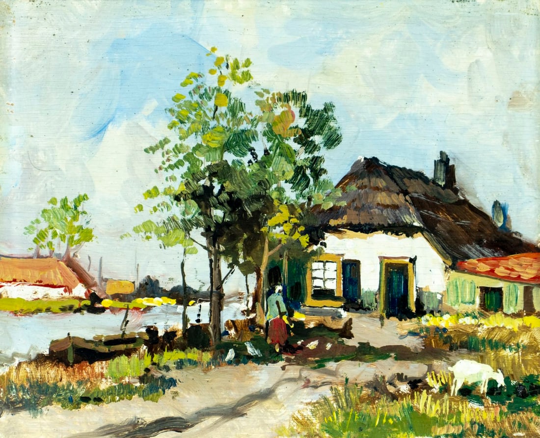 Vintage mid 20C European oil painting: ARTIST: - (Europe, mid 20 century) TITLE: Village Landscape MEDIUM: oil on board CONDITION: Minor scratches/paint losses. No visible inpaint under UV light. Normal wear to