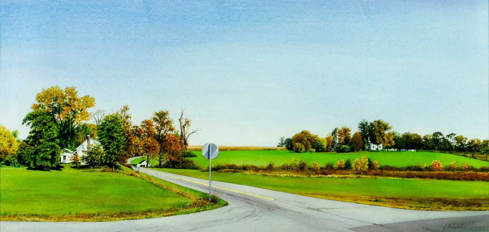 John Bayalis (US,20/21C) watercolor painting: ARTIST: John Bayalis (American, 20/21 centuries) TITLE: Landscape with Houses MEDIUM: watercolor on paper CONDITION: Very good. Framed under glass. Wear to frame.
