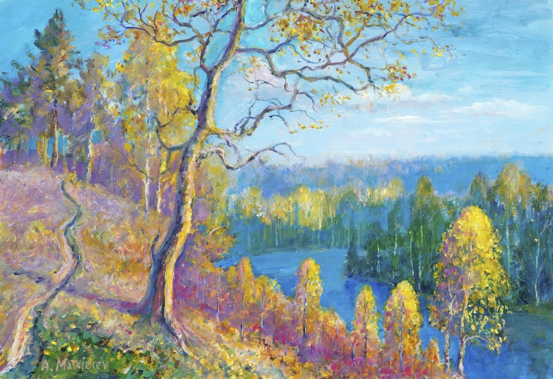 Andriy Matveiev (Ukraine,b 1988) oil painting: ARTIST: Andriy Matveiev (Ukrainian, born 1988) TITLE: River Landscape MEDIUM: oil on heavy paper CONDITION: Very good. No visible inpaint under UV light. ART SIZE