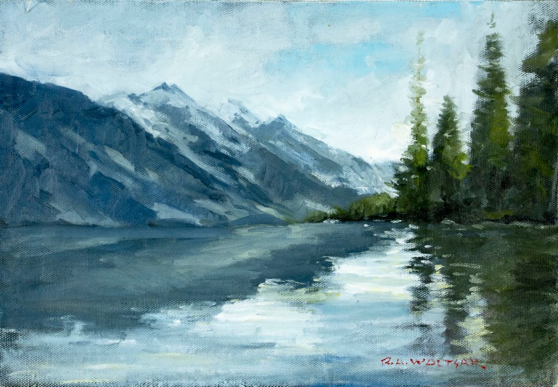 Robert Waltsak (NJ,b 1944) oil painting: ARTIST: Robert Alan Waltsak (New Jersey, born 1944) TITLE: Mountain Lake Landscape MEDIUM: oil on canvas CONDITION: Overall good. No visible inpaint under UV light. Normal w