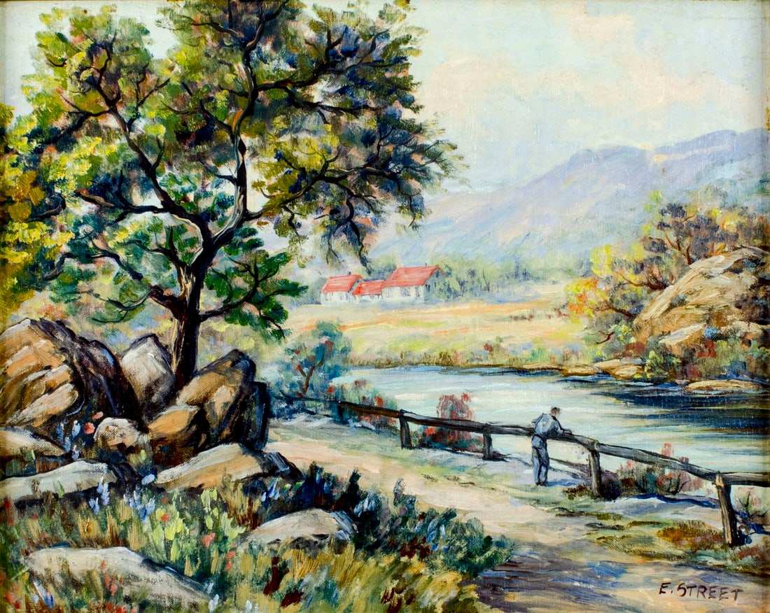 E Street (US,20C) oil painting: ARTIST: E Street (American, 20 century) TITLE: Country River Landscape MEDIUM: oil on canvas board CONDITION: Minor craquelure. No visible inpaint under UV light.