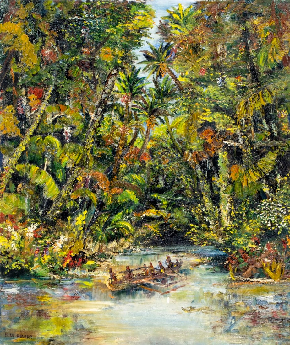 Else Reuser (US,mid 20C) oil painting: ARTIST: Else Reuser (American, mid 20 century) TITLE: Tropical River Landscape with Canoe MEDIUM: oil on canvas CONDITION: Overall good. No visible inpaint under UV light.