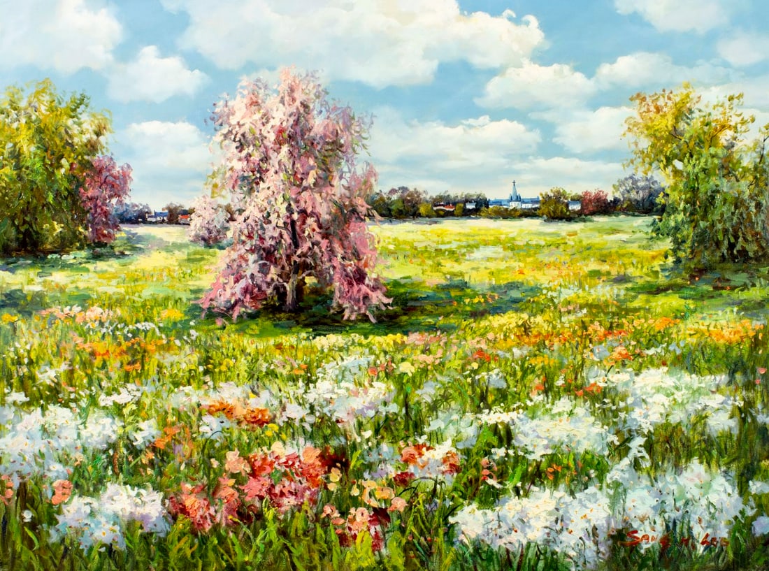 Sang M Lee (South Korea,US,b 1949) oil painting: ARTIST: Sang M Lee (South Korean, American, born 1949) TITLE: Summer Countryside Landscape MEDIUM: oil on canvas CONDITION: Unstretched (In-House stretching available). Very